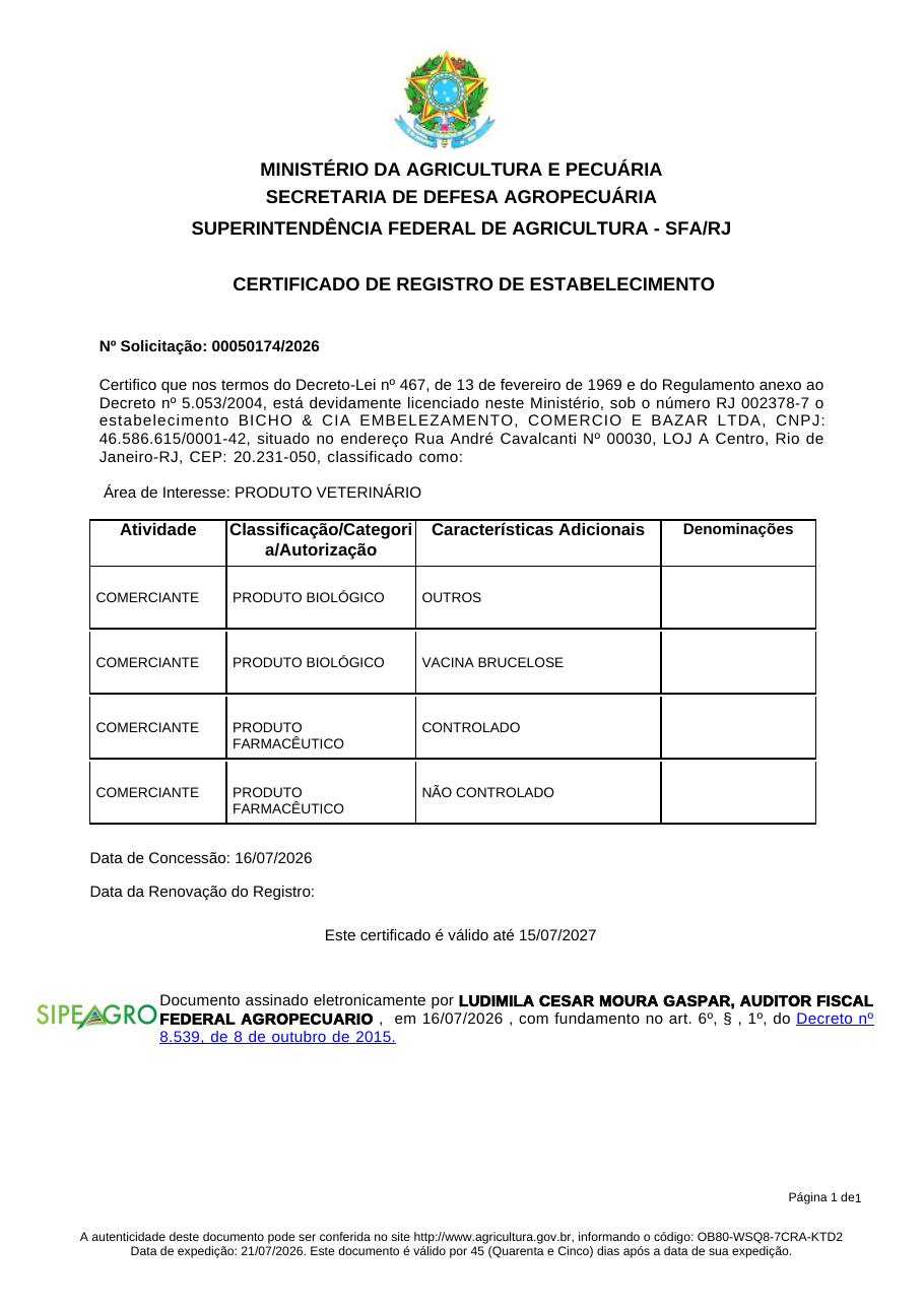 Certificado de Registro de Estabelecimento emitido pelo Ministério da Agricultura e Pecuária autorizando a Pet Zoyde a comercializar produtos veterinários controlados