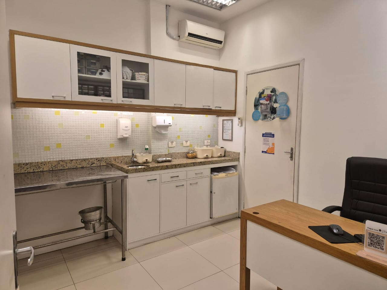 Consultório veterinário iluminado com bancada de inox, armários organizados e mesa de atendimento